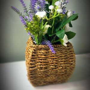 Woven Basket with Purple and White Floral Arrangement